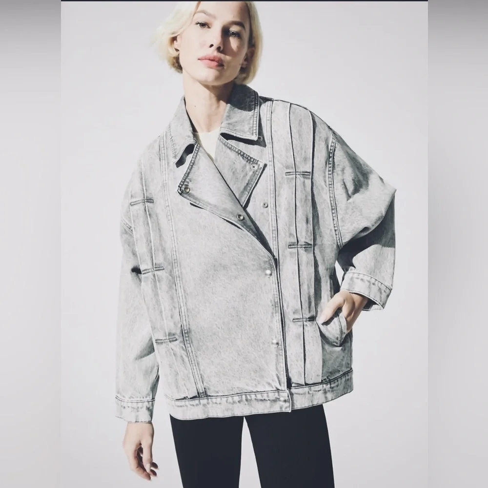 IRO Noumia Oversized Jacket Light Gray | Designer Denim Moto Jacket | Size 38 - Picture 1 of 6